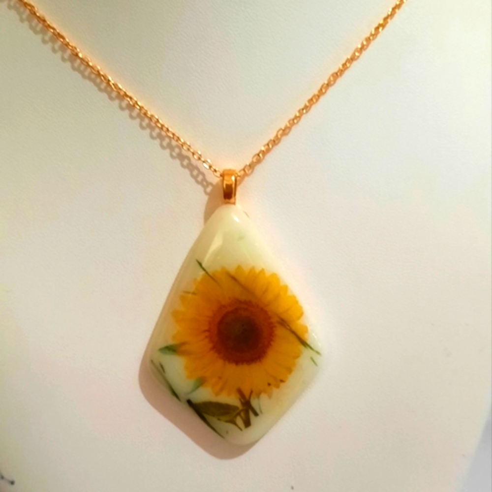 Stained Glass White Diamond Shape Necklace with a Fused Sunflower 🌻 Decal